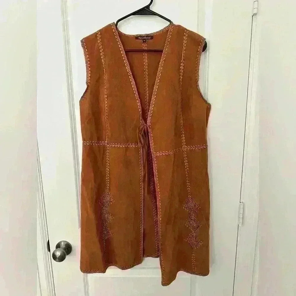 Mechant Womens Embroidered Vest Size M Brown Sleeveless Tie Front Mid Length